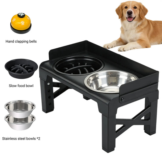 Elevated Dog Feeding Station with Spill-Proof Guardrail, Adjustable Height, and Included Slow Feeder and Stainless Steel Bowls
